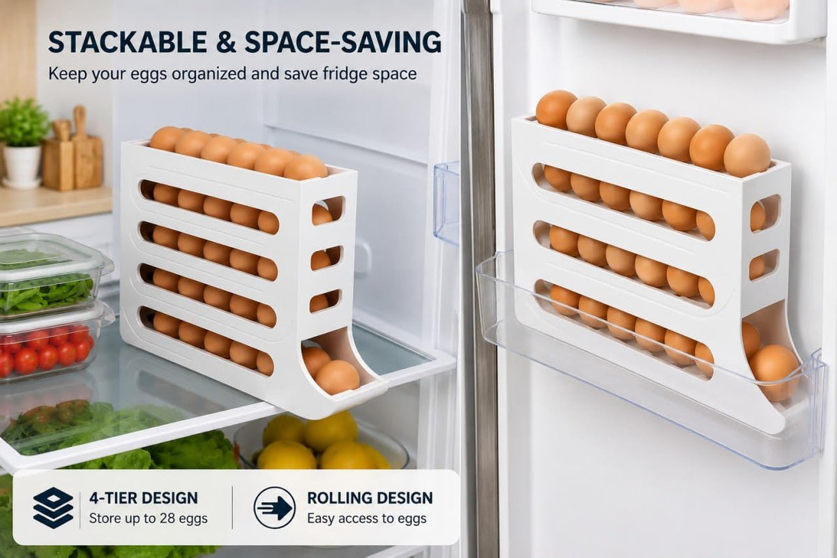 Egg Dispenser , 4-Tier Egg Storage for Fridge, Holds upto 30 Eggs