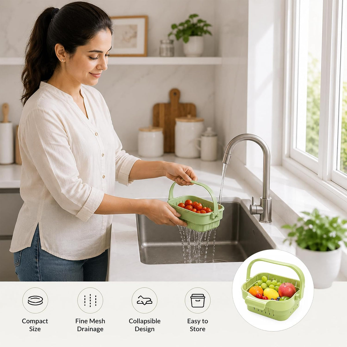 Original kitchen lifestyle image of a woman rinsing cherry tomatoes in a light green foldable colander over a sink