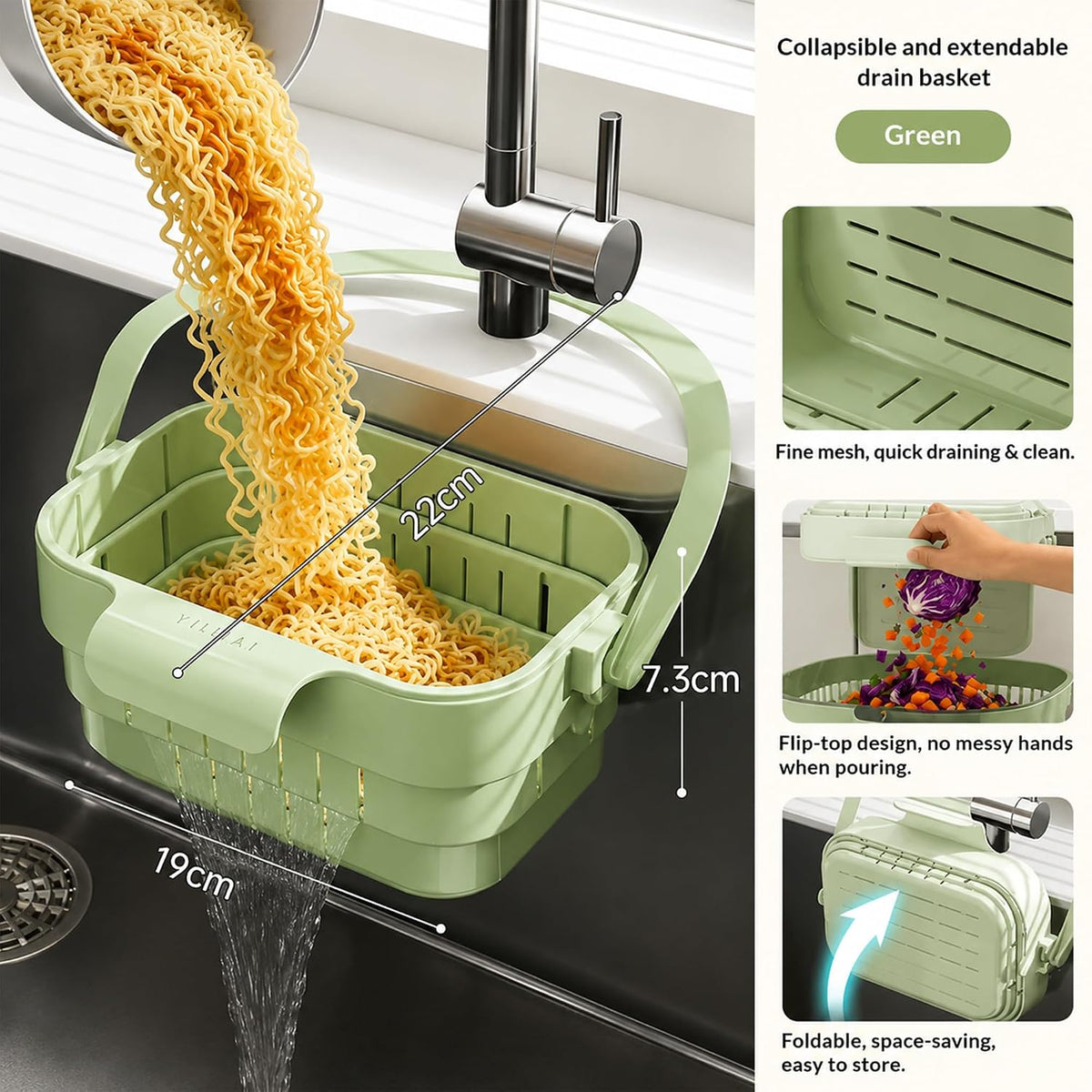 Original sink basket feature image showing noodles inside the green strainer water drainage openings and flip-top disposal design